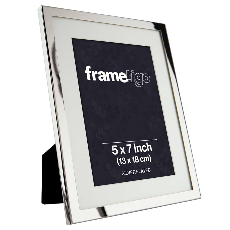 Frametigo  Silver Plated White Mount Photo Frame 5x7 13x18cm Photo Size  Velvet Frame Backing  Stand  Real Glass Window  Tarnish Resistant  Landscape or Portrait Orientation