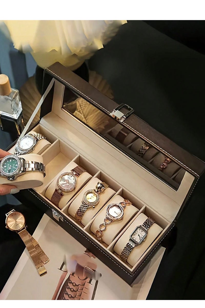 علبة ساعات جلد 6 فتحات – صندوق فاخر لتخزين وعرض الساعات والمجوهرات للرجال والنساء من جلد صناعي أنيق - Image 2