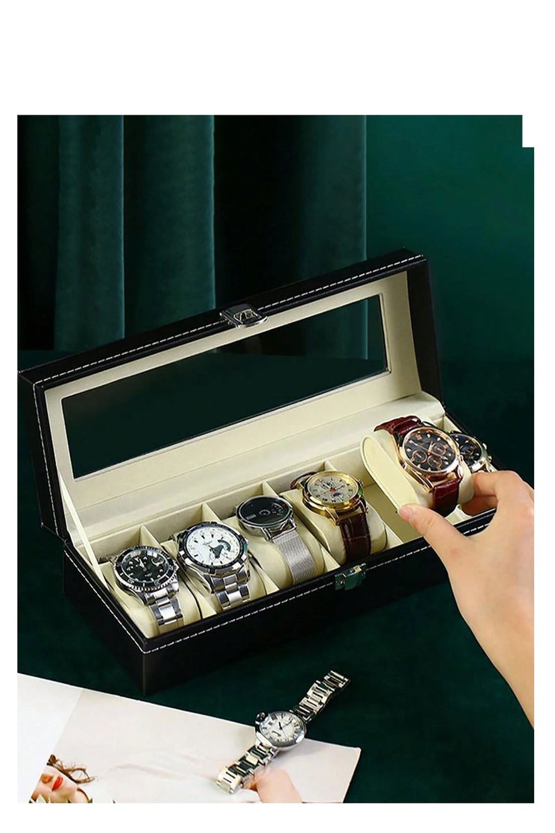 علبة ساعات جلد 6 فتحات – صندوق فاخر لتخزين وعرض الساعات والمجوهرات للرجال والنساء من جلد صناعي أنيق - Image 4