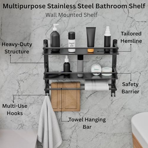 Well Set Multipurpose Stainless Steel Bathroom Shelf/Rack/Storage Organizer for Bathroom and Kitchen (Matt Black - 15x16x5 inches) - Image 2