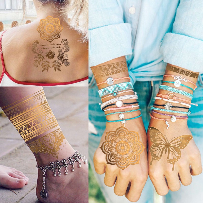 Bilizar 9 Sheets 110+ Designs Flash Gold Temporary Tattoos Metallic For Women Adult, Girl Golden Lion Festival Sun Moon Star Butterfly Glitter Tattoo Sticker, Fake Tattoos That Look Real and Last Long - Image 5