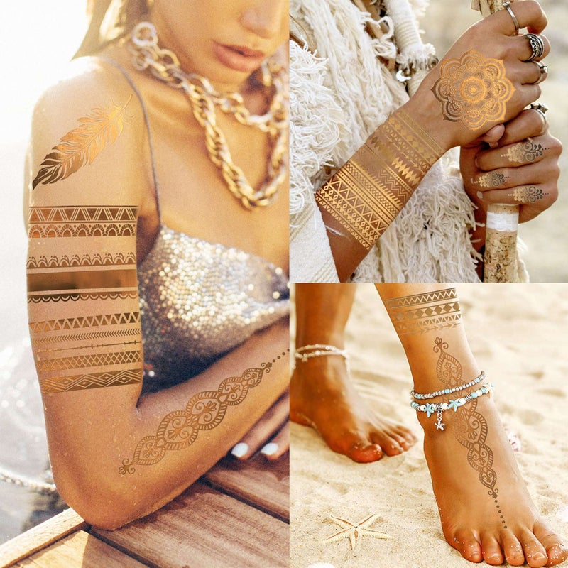 Bilizar 9 Sheets 110+ Designs Flash Gold Temporary Tattoos Metallic For Women Adult, Girl Golden Lion Festival Sun Moon Star Butterfly Glitter Tattoo Sticker, Fake Tattoos That Look Real and Last Long - Image 3