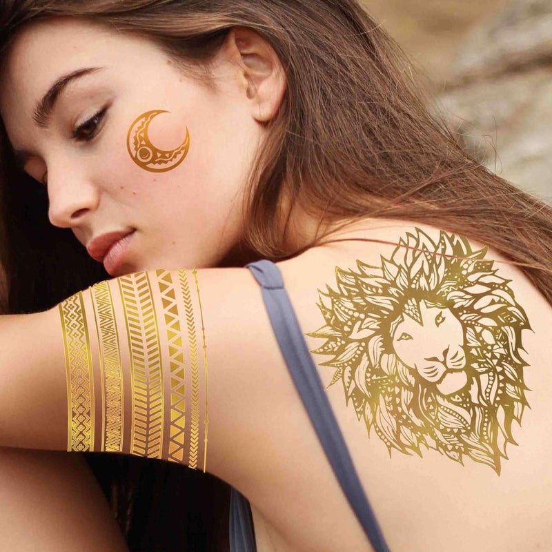 Bilizar 9 Sheets 110+ Designs Flash Gold Temporary Tattoos Metallic For Women Adult, Girl Golden Lion Festival Sun Moon Star Butterfly Glitter Tattoo Sticker, Fake Tattoos That Look Real and Last Long - Image 2