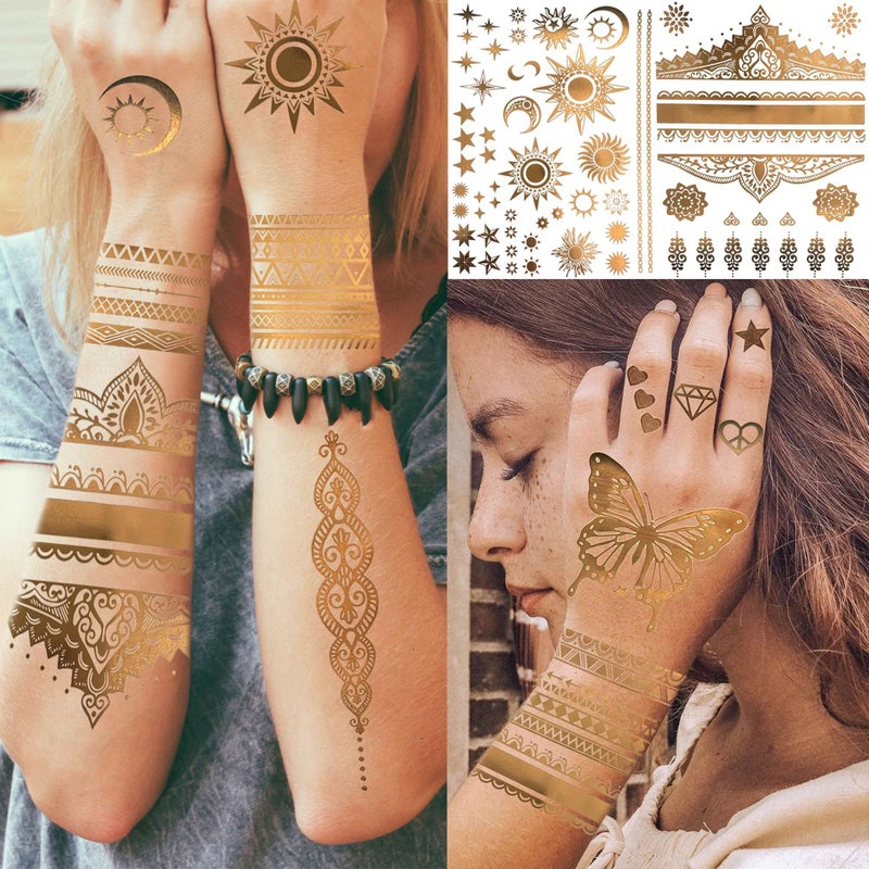 Bilizar 9 Sheets 110+ Designs Flash Gold Temporary Tattoos Metallic For Women Adult, Girl Golden Lion Festival Sun Moon Star Butterfly Glitter Tattoo Sticker, Fake Tattoos That Look Real and Last Long - Image 4