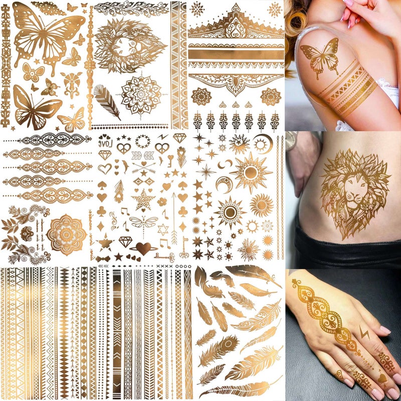 Bilizar 9 Sheets 110+ Designs Flash Gold Temporary Tattoos Metallic For Women Adult, Girl Golden Lion Festival Sun Moon Star Butterfly Glitter Tattoo Sticker, Fake Tattoos That Look Real and Last Long - Image 1