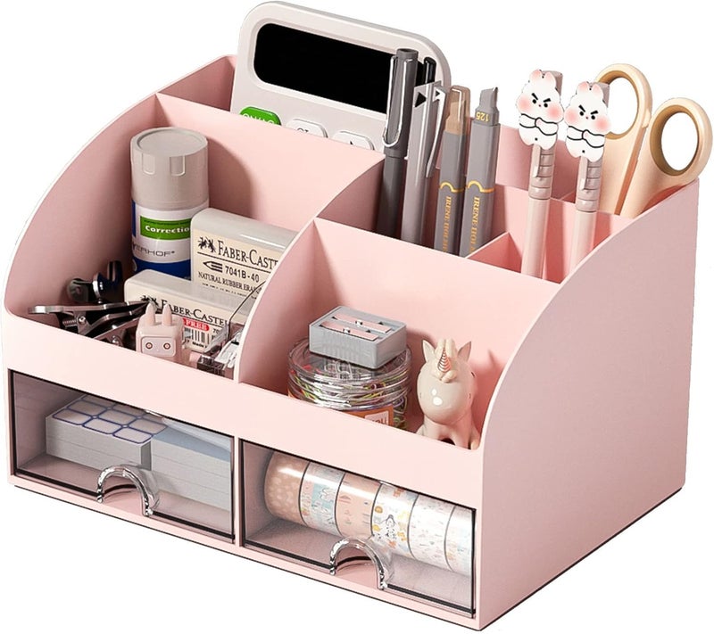Zeinwap ABS Multifunctional Desk Organiser with 6 Compartments & 2 Drawer Desktop Office Supplies Stationery Storage Box for Pens Staplers Clips Sticky Notes Mobile Holder (Pink) - Image 1