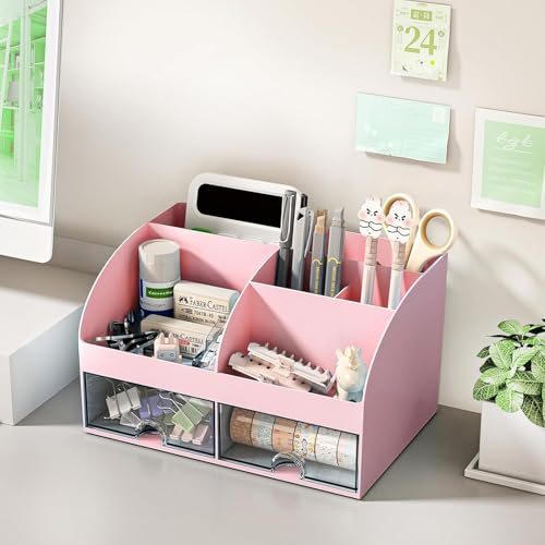 Zeinwap ABS Multifunctional Desk Organiser with 6 Compartments & 2 Drawer Desktop Office Supplies Stationery Storage Box for Pens Staplers Clips Sticky Notes Mobile Holder (Pink) - Image 4