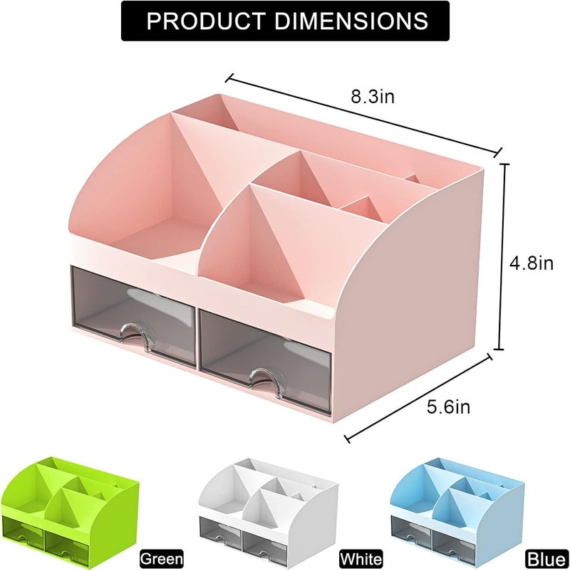 Zeinwap ABS Multifunctional Desk Organiser with 6 Compartments & 2 Drawer Desktop Office Supplies Stationery Storage Box for Pens Staplers Clips Sticky Notes Mobile Holder (Pink) - Image 2