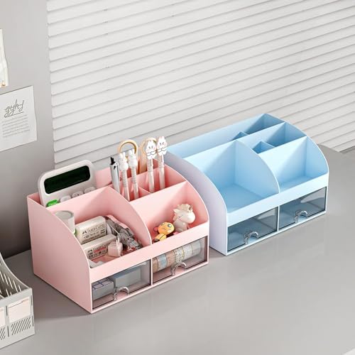 Zeinwap ABS Multifunctional Desk Organiser with 6 Compartments & 2 Drawer Desktop Office Supplies Stationery Storage Box for Pens Staplers Clips Sticky Notes Mobile Holder (Pink) - Image 5