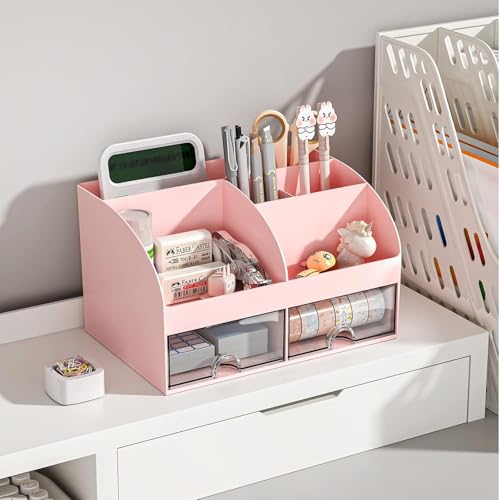 Zeinwap ABS Multifunctional Desk Organiser with 6 Compartments & 2 Drawer Desktop Office Supplies Stationery Storage Box for Pens Staplers Clips Sticky Notes Mobile Holder (Pink) - Image 3