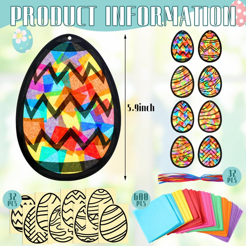 Eersida 32 Pcs Easter Eggs Ornament Suncatchers Craft Set Spring DIY Eggs Shaped Stained Glass Tissue Paper Kits Bulk for Window Art Activities Party Decorations Gift - Image 3