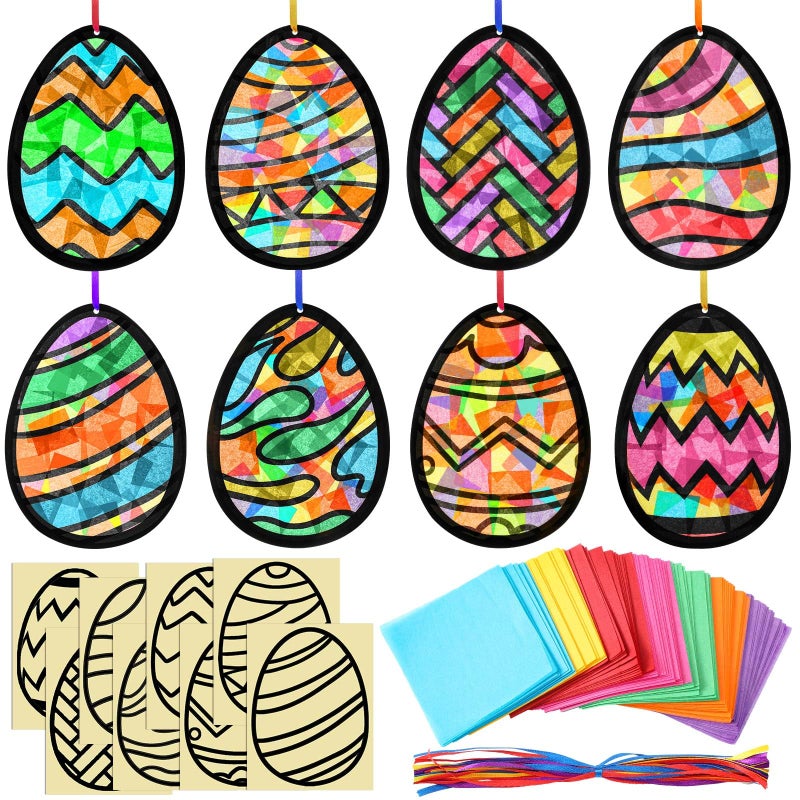 Eersida 32 Pcs Easter Eggs Ornament Suncatchers Craft Set Spring DIY Eggs Shaped Stained Glass Tissue Paper Kits Bulk for Window Art Activities Party Decorations Gift - Image 1