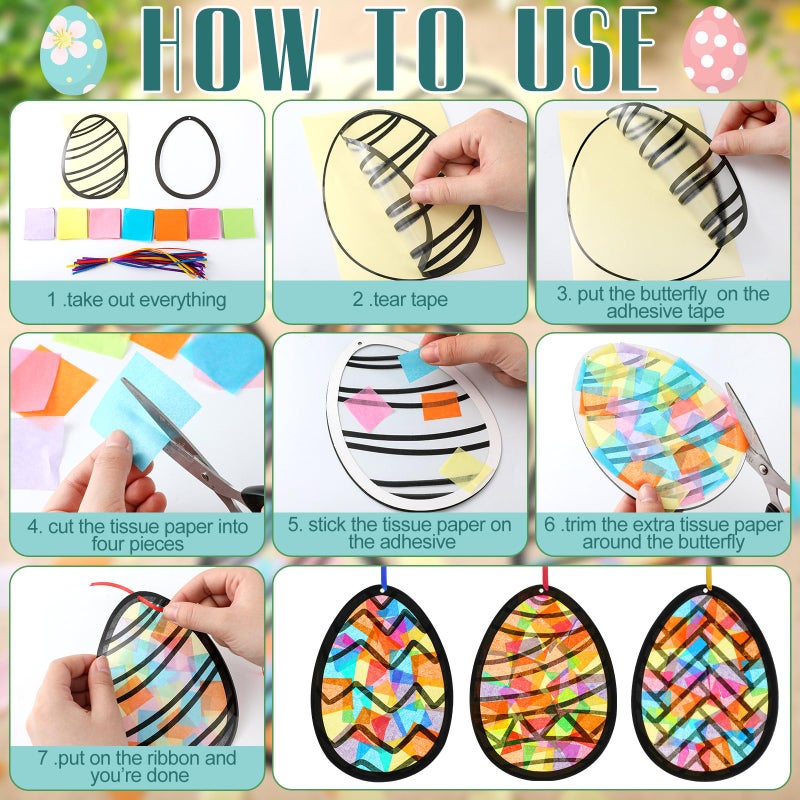 Eersida 32 Pcs Easter Eggs Ornament Suncatchers Craft Set Spring DIY Eggs Shaped Stained Glass Tissue Paper Kits Bulk for Window Art Activities Party Decorations Gift - Image 4