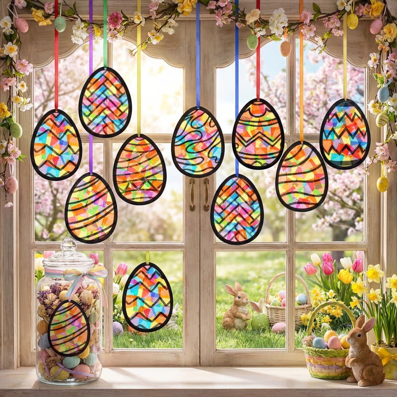 Eersida 32 Pcs Easter Eggs Ornament Suncatchers Craft Set Spring DIY Eggs Shaped Stained Glass Tissue Paper Kits Bulk for Window Art Activities Party Decorations Gift - Image 2