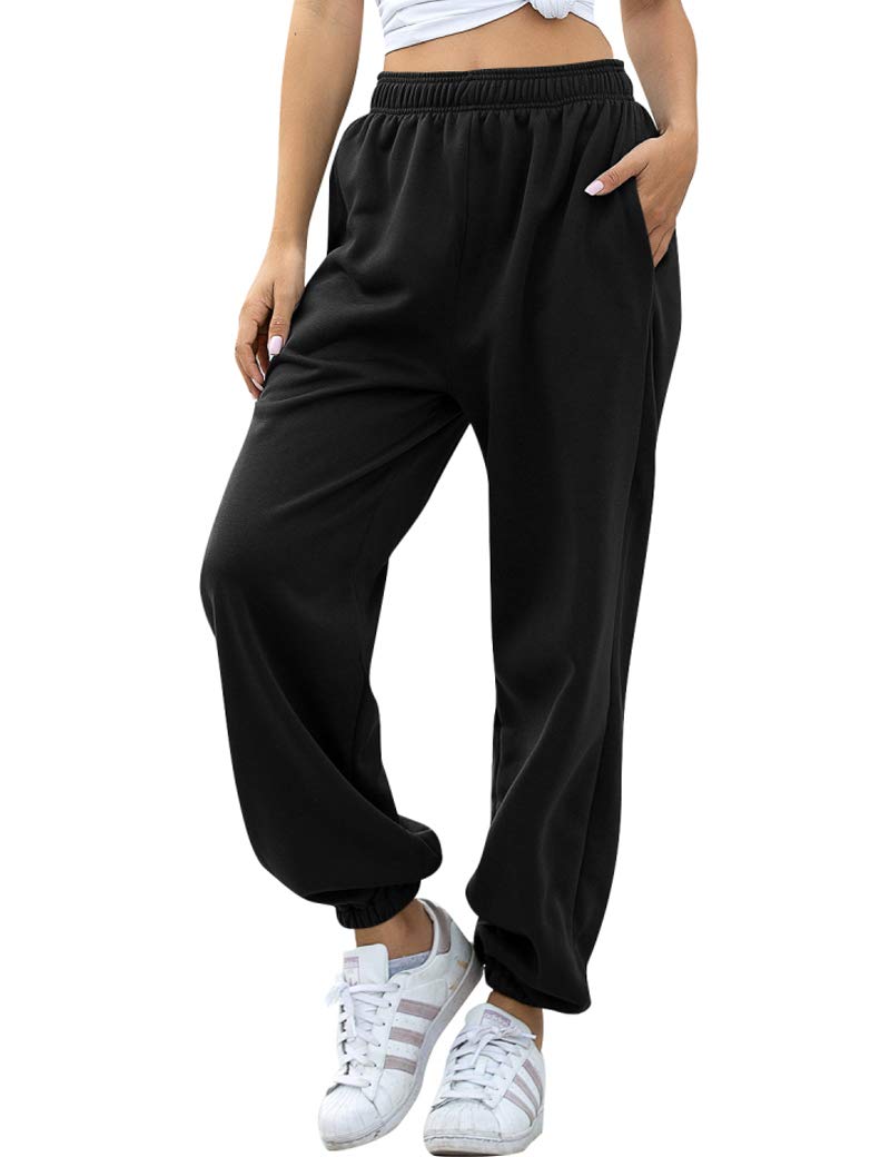 HeSaYep Women's High Waisted Sweatpants Workout Active Joggers Pants Baggy Lounge Bottoms,Black M - Image 1