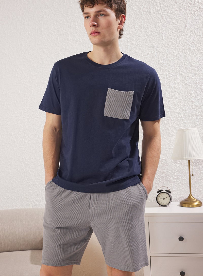 trendyol Navy Blue Gray Regular Fit Knitted Pajama Set with Textured Shorts Tmnss25Pt00021 - Image 1