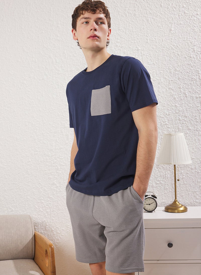 trendyol Navy Blue Gray Regular Fit Knitted Pajama Set with Textured Shorts Tmnss25Pt00021 - Image 2