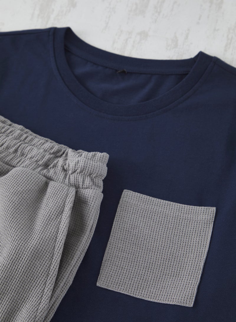 trendyol Navy Blue Gray Regular Fit Knitted Pajama Set with Textured Shorts Tmnss25Pt00021 - Image 5