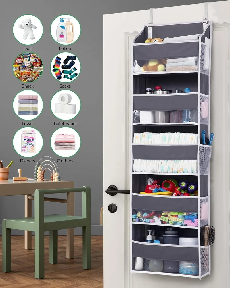 QUESERA Over Door Organizer – 5 Pockets & 10 Mesh Sides  – Dark Grey