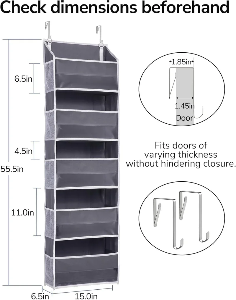 QUESERA Over Door Organizer – 5 Pockets & 10 Mesh Sides  – Dark Grey