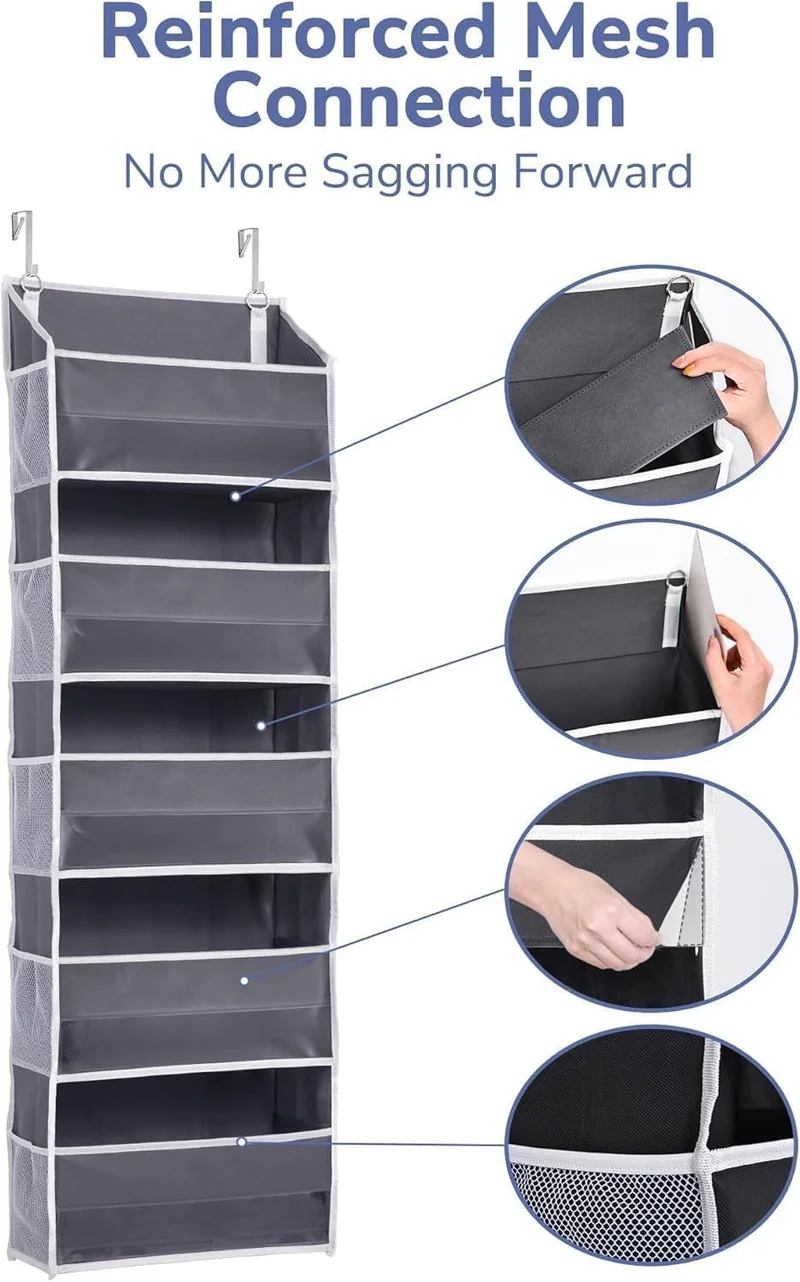 QUESERA Over Door Organizer – 5 Pockets & 10 Mesh Sides  – Dark Grey