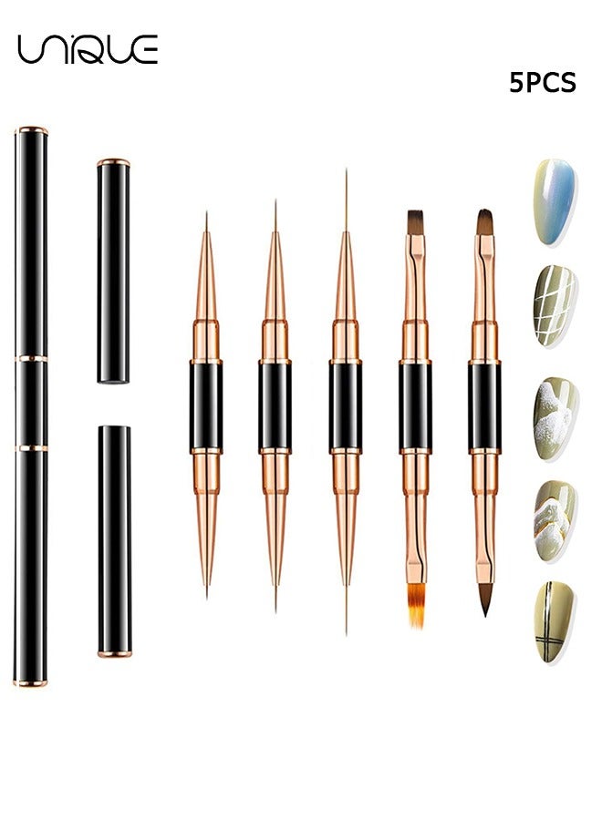 Unique 5Pcs Nail Art Brushes - Double Ended Nail Art Lines 3D Drawing Pen - Nail Cleaning Brushes - Builder Gel Brushes Nail Art Tools for Salon Home DIY Manicure - Double-headed Dual-use Pull Wire Painting Pen - Image 1