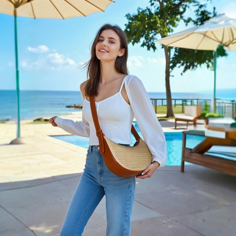 Herald Straw Crossbody Bag for Women Beach Woven Hobo Handbag Summer Chic Crescent Shoulder Purses with Adjustable Strap (Brown) - Image 3
