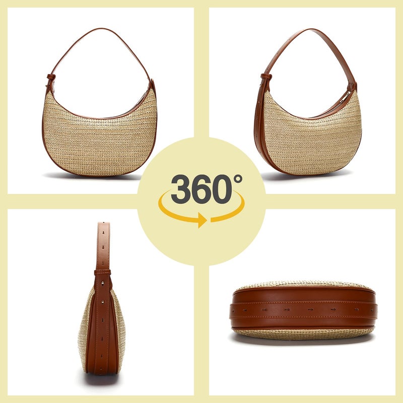 Herald Straw Crossbody Bag for Women Beach Woven Hobo Handbag Summer Chic Crescent Shoulder Purses with Adjustable Strap (Brown) - Image 4