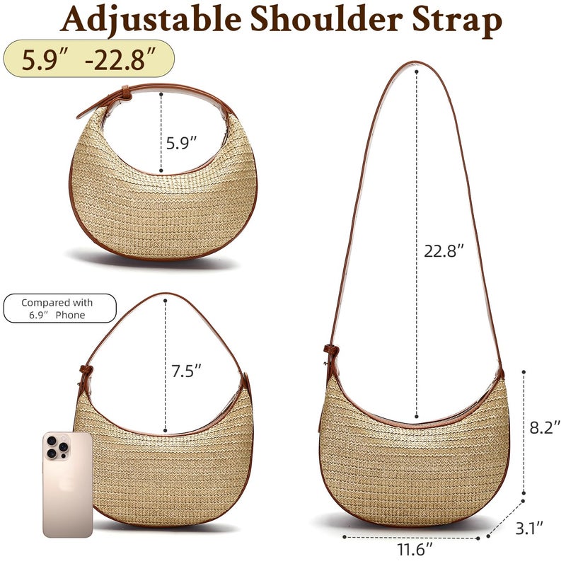 Herald Straw Crossbody Bag for Women Beach Woven Hobo Handbag Summer Chic Crescent Shoulder Purses with Adjustable Strap (Brown) - Image 5