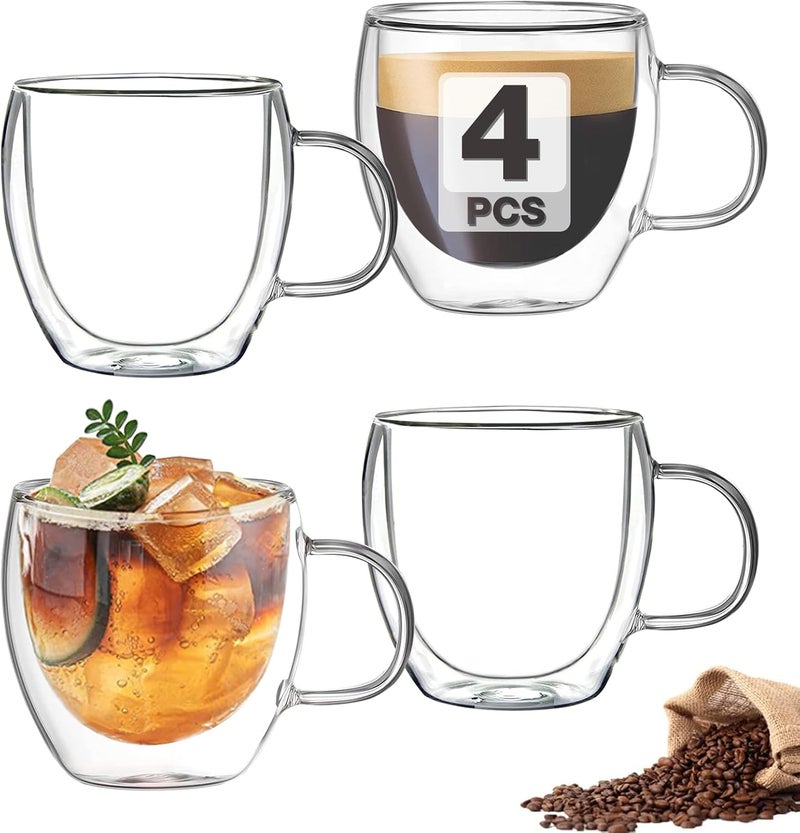Mfacoy Double Wall Insulated Glasses - Set of 4, 5 oz Clear Coffee Cups with Handle, Thicker, Suit for Espresso Machine, Latte, Cappuccino - Image 1