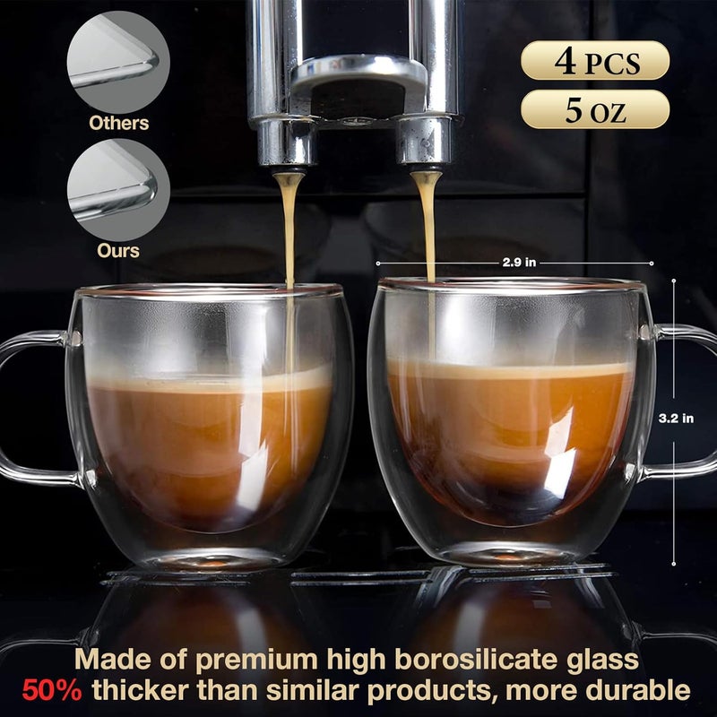 Mfacoy Double Wall Insulated Glasses - Set of 4, 5 oz Clear Coffee Cups with Handle, Thicker, Suit for Espresso Machine, Latte, Cappuccino - Image 3