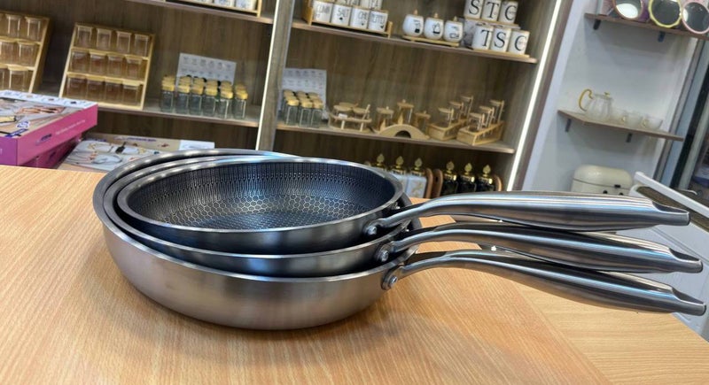 3-Piece Thermal Distribution Stainless Steel Frying Pan Set - 24, 26, 28 cm - Image 5