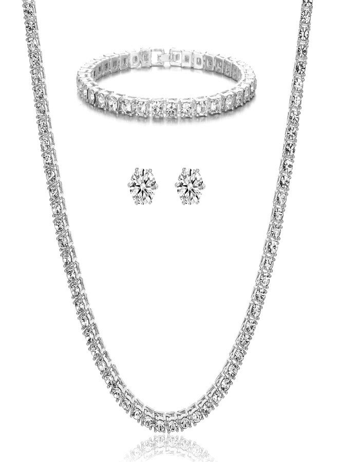 HH BLING EMPIRE قلادة سلسلة التنس المرصعة بالألماس من HH BLING EMPIRE باللونين الذهبي والفضي للرجال والنساء، وقلادات التنس المرصعة بأحجار الراين للنساء والفتيات، وأطقم قلادات/أساور/أقراط مرصعة بالألماس (طقم 5 مم - فضي - 18) - Image 1