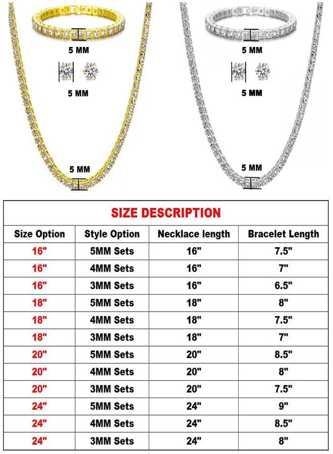 HH BLING EMPIRE قلادة سلسلة التنس المرصعة بالألماس من HH BLING EMPIRE باللونين الذهبي والفضي للرجال والنساء، وقلادات التنس المرصعة بأحجار الراين للنساء والفتيات، وأطقم قلادات/أساور/أقراط مرصعة بالألماس (طقم 5 مم - فضي - 18) - Image 2