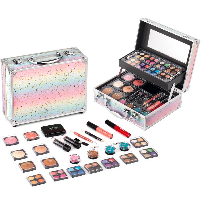 Hot Sugar Makeup Kit for Women Full Kit Teen Girls Starter Cosmetic Gift Set with Beautiful Rainbow Train Case Includes Pigmented Eyeshadow Palette Blush Lipstick Lip Pencil Eye Pencil (Rainbow) - Image 1