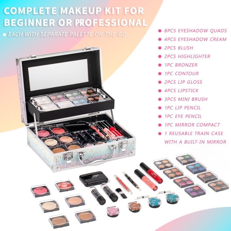 Hot Sugar Makeup Kit for Women Full Kit Teen Girls Starter Cosmetic Gift Set with Beautiful Rainbow Train Case Includes Pigmented Eyeshadow Palette Blush Lipstick Lip Pencil Eye Pencil (Rainbow) - Image 3