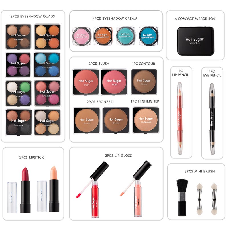 Hot Sugar Makeup Kit for Women Full Kit Teen Girls Starter Cosmetic Gift Set with Beautiful Rainbow Train Case Includes Pigmented Eyeshadow Palette Blush Lipstick Lip Pencil Eye Pencil (Rainbow) - Image 4