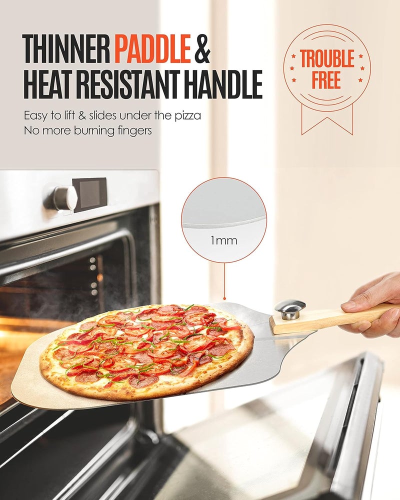 Mooues Pizza Peel Aluminum Pizza Spatula, 12 inch Metal Pizza Paddle(12"x 14")with Rocker Cutter Foldable Wood Handle, [Storage bag included], for Family Pizza Oven Baking Pizza, Dough, Bread & Pastry - Image 2