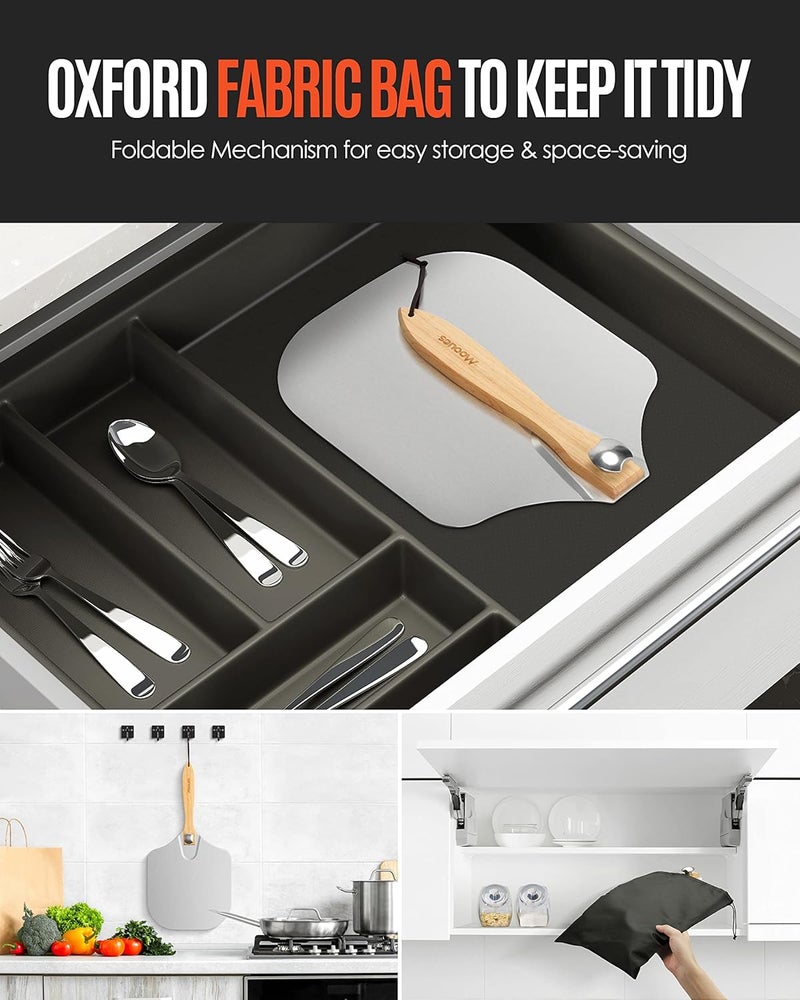 Mooues Pizza Peel Aluminum Pizza Spatula, 12 inch Metal Pizza Paddle(12"x 14")with Rocker Cutter Foldable Wood Handle, [Storage bag included], for Family Pizza Oven Baking Pizza, Dough, Bread & Pastry - Image 5