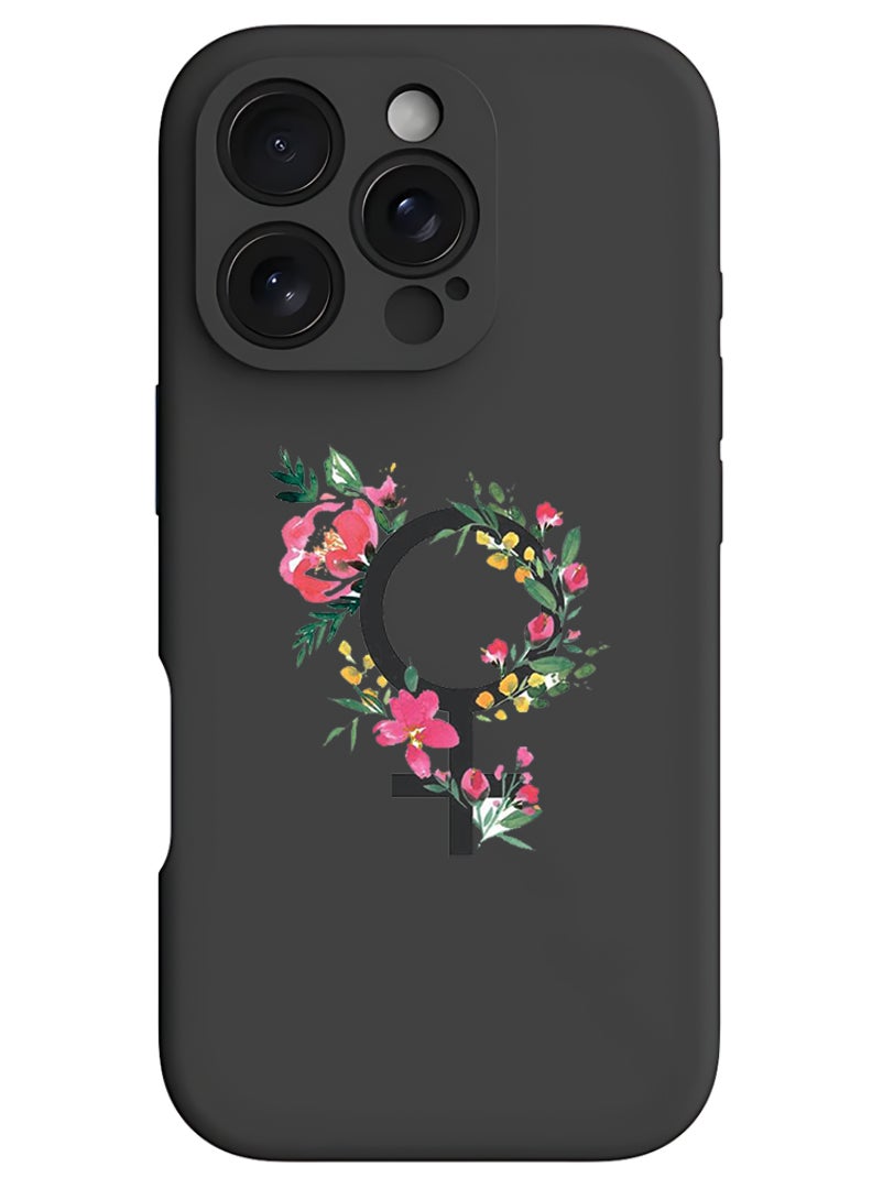 Theodor iPhone 16 Pro Max Black Protective Slim Fit Case Liquid Silicone Cover with Full Body Protection Anti-Scratch Shockproof Case For iPhone - womens day floral - Image 1