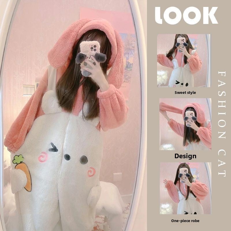 Winter Plush Bunny Pajama Cute Petite Coral Fleece Pink White Rabbit jumpsuit 