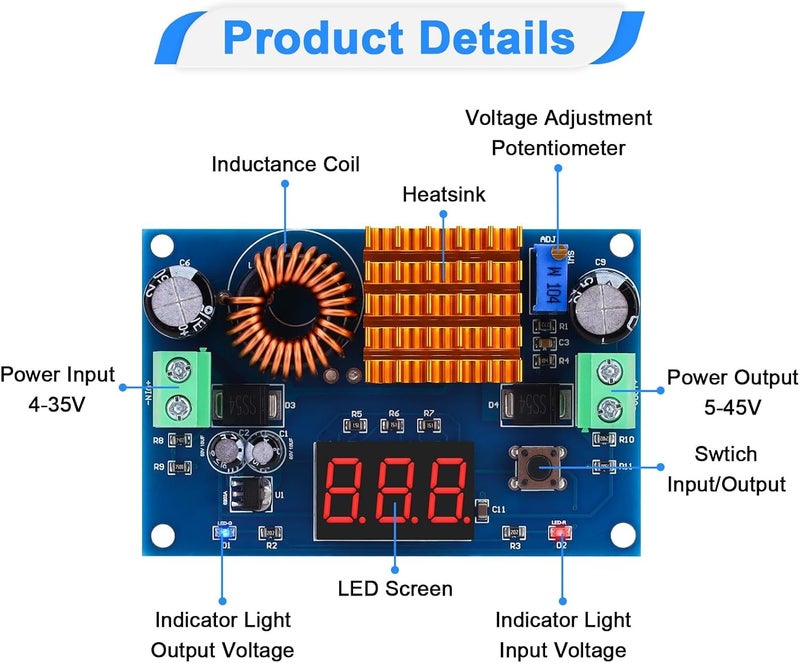 كاست ويف محول رفع الجهد المستمر (DC-DC Boost Converter)، مدخل 4-35 فولت إلى مخرج 5-45 فولت قابل للتعديل، وحدة رفع الجهد لتزويد الطاقة المستقر، منظم جهد الألواح الشمسية أو أغراض أخرى - Image 4