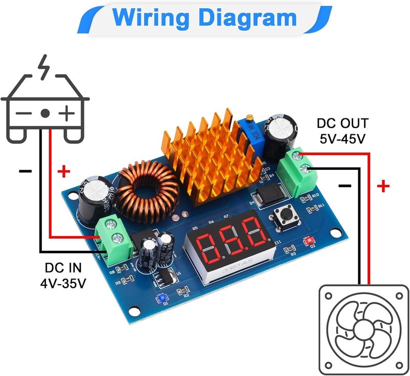كاست ويف محول رفع الجهد المستمر (DC-DC Boost Converter)، مدخل 4-35 فولت إلى مخرج 5-45 فولت قابل للتعديل، وحدة رفع الجهد لتزويد الطاقة المستقر، منظم جهد الألواح الشمسية أو أغراض أخرى - Image 2