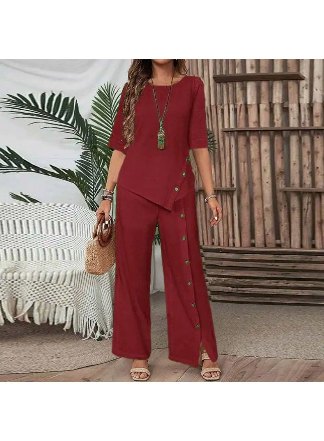general 2025-2026 Women's Irregular Hemmed Pants Set - Elegant and Fashionable Casual Buttoned Half-Sleeve Shirt Loose Two-Piece Set - Image 1