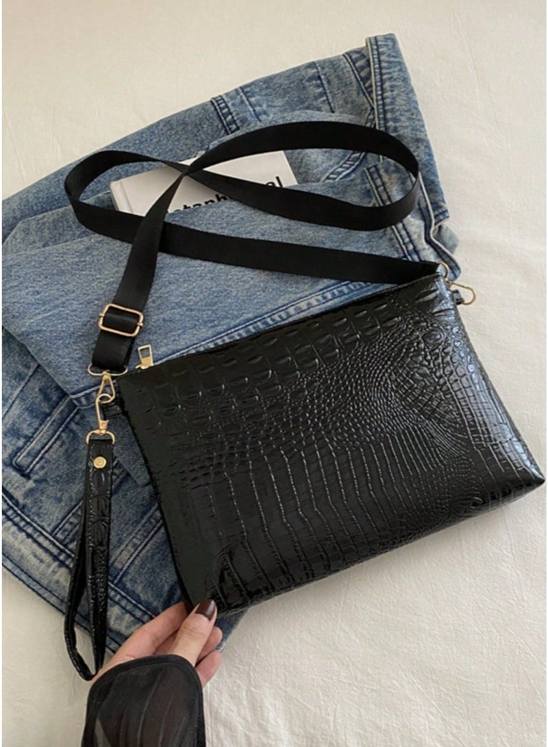 شي إن حقيبة يد نسائية بتصميم ظرف، مزينة بنقشة جلد التمساح، مزودة بسحاب، يمكن حملها على الكتف أو بشكل مائل على الجسم. - Image 5