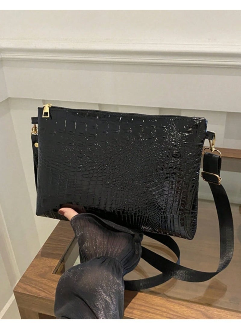 شي إن حقيبة يد نسائية بتصميم ظرف، مزينة بنقشة جلد التمساح، مزودة بسحاب، يمكن حملها على الكتف أو بشكل مائل على الجسم. - Image 3