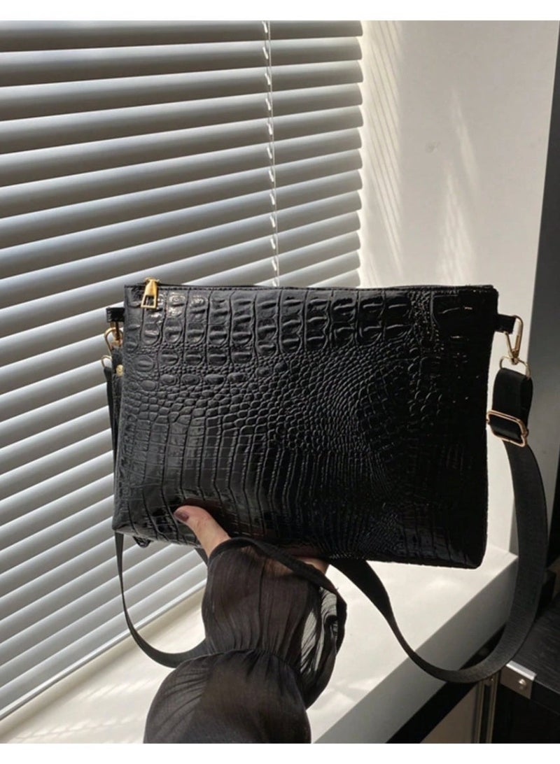 شي إن حقيبة يد نسائية بتصميم ظرف، مزينة بنقشة جلد التمساح، مزودة بسحاب، يمكن حملها على الكتف أو بشكل مائل على الجسم. - Image 2