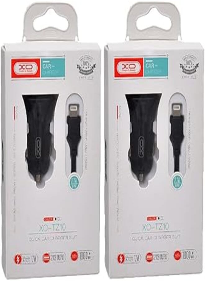 Xo tz10 car charger suit and lightning cable with 2.1a max 12w output and 2 usb output 1000mm set of 2 pieces - black