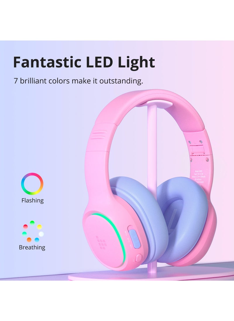 Tronsmart Tronsmart KH03 Kids Noise Cancelling Bluetooth Headphones, Safe Volume Control, Wireless Headphones with Light & Microphone, 70H Playtime, Built-in Audio Cable, for School/Travel/Airplane(Pink)  - Image 5