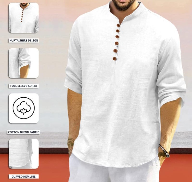 Macsivo Men's Cotton Full Sleeve Short Kurta (Medium, White) - Image 2